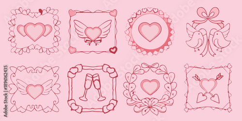 A collection of delicate pink sketches featuring hearts bows and doves