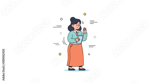 Female cartoon character holding coffee cup in relaxed pose