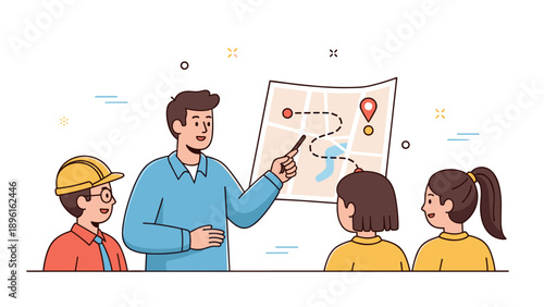 Male instructor teaching route planning to young students using a map