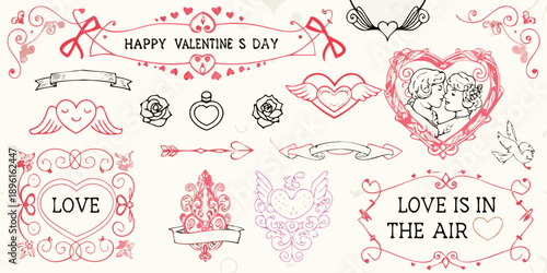 Valentine s day doodles hearts roses and romantic sketches in red