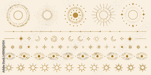 Golden celestial patterns and decorative elements on a cream background