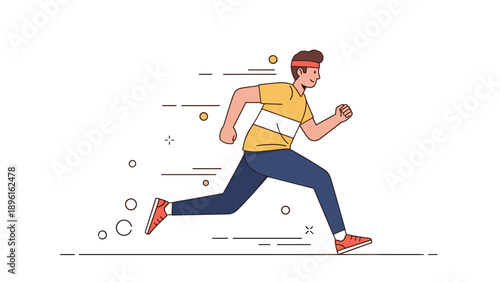 Young caucasian male runner in motion with dynamic lines