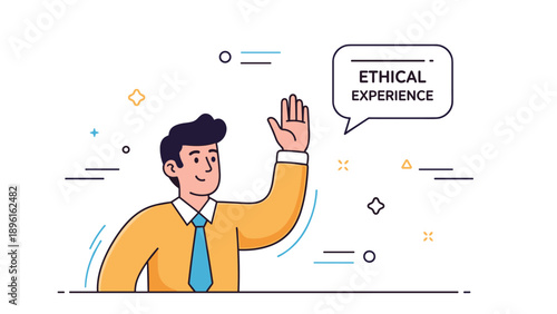 Young caucasian male illustration expressing ethical experience with speech bubble