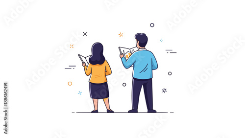 Cartoon of business people analyzing graphs with tablets