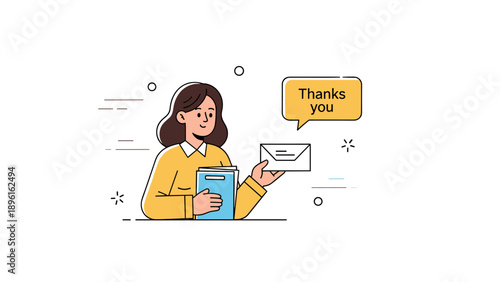 Female cartoon character expressing gratitude with envelope and thank you note