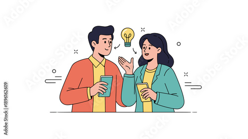 Animated discussion: young caucasian male and female sharing ideas with smartphones