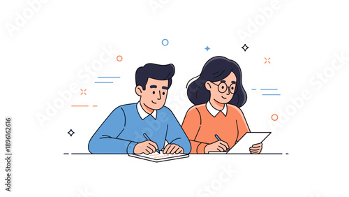 Cartoon of young caucasian male and female studying with books and papers