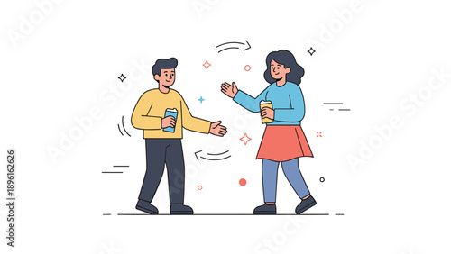 Cartoon illustration of friendly interaction between two young adults with drinks