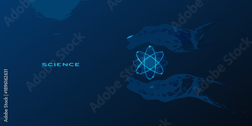 Abstract science background with a glowing atom and the word science