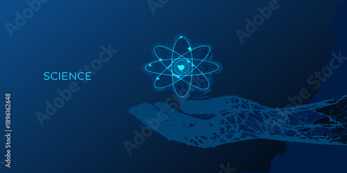 A glowing atom held in a robotic hand against a dark blue background