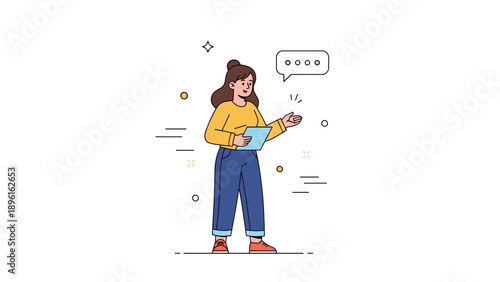 Cartoon female caucasian young adult presenter with tablet and speech bubble