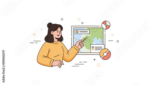 Female navigator illustrating map directions with digital interface