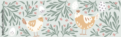 Easter Spring Banner With Cute Chickens, Floral Foliage and Soft Cream Pastel Colors