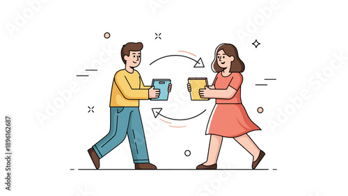 Two people exchanging files: young caucasian male and female sharing documents