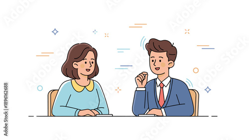 Cartoon illustration of a young caucasian female and male having a conversation