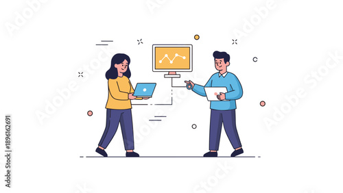 Animated business collaboration with asian adults using technology