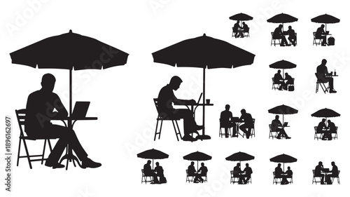 People working and socializing under umbrellas in outdoor settings, silhouetted against a plain background, viewed from various angles.