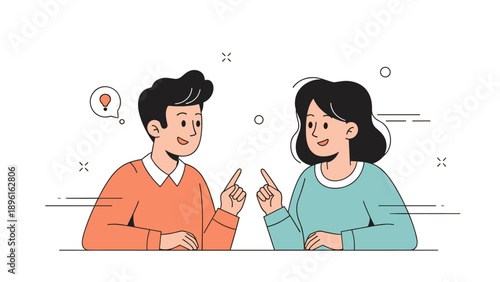 Young caucasian male and female cartoon characters having a creative discussion