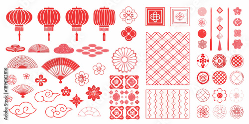 Red chinese new year decorations and traditional ornamental elements set