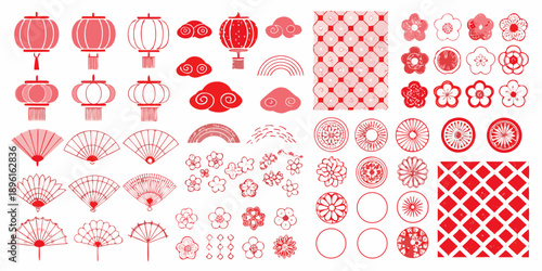 Collection of red and white asian decorative elements and patterns