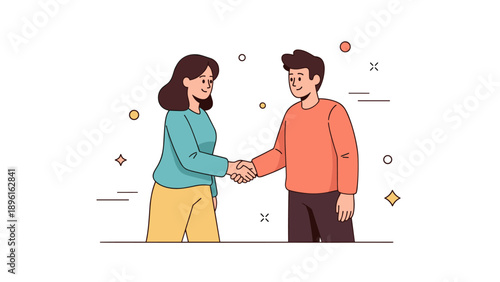 Young caucasian male and female cartoon characters shaking hands in friendly greeting