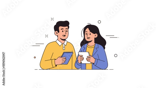 Asian young adults discussing with tablets smiling and engaged