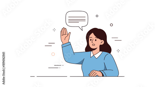 Young caucasian female raising hand in blue sweater - communication and participation concept