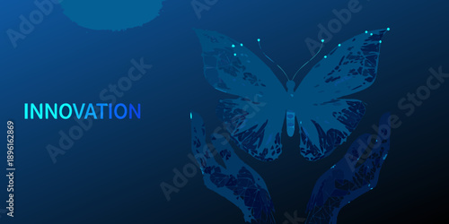 A digital butterfly emerging from cupped hands symbolizing innovation