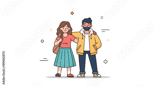 Cartoon young male and female friends hugging