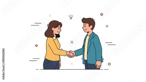 Cartoon caucasian young adults handshaking in friendly business greeting