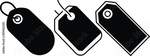 Set of Black and White Price Tag Icons and Hanging Sale Labels for Retail and E-commerce Store Marketing