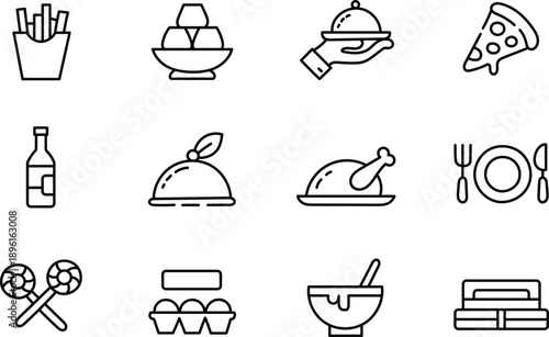 Food and restaurant icon set with fries pizza roast chicken noodles wine eggs and dining tableware symbols isolated on White background for menu design and catering concepts