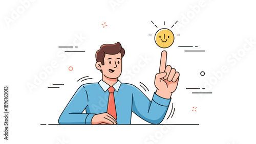 Smiling young caucasian male pointing at happy sun icon while sitting
