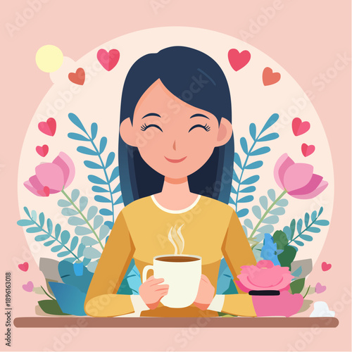 Flat Vector Illustration of a Happy Young Woman Drinking Coffee with Flowers and Hearts in Circular Frame
