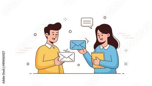 Cartoon male and female characters exchanging envelopes and documents in a friendly conversation