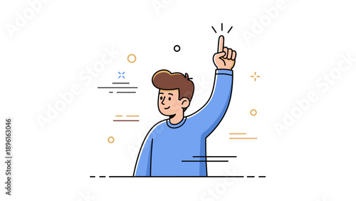 Young caucasian male raising hand in blue sweater illustration
