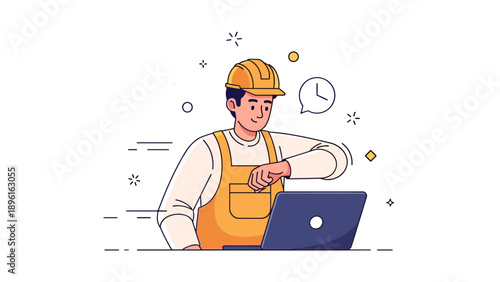 Young caucasian male construction worker checking time on laptop