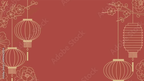 Beautiful Chinese New Year Celebration with Traditional Lanterns and Cherry Blossoms on Red Background