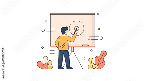 Young caucasian male presenting on flipchart with abstract background