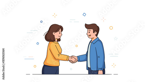 Caucasian male and female cartoon characters shaking hands in friendly gesture