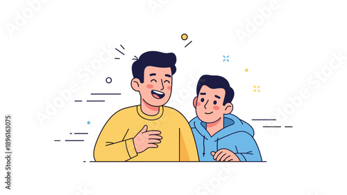 Two young caucasian males smiling and laughing together in cartoon style