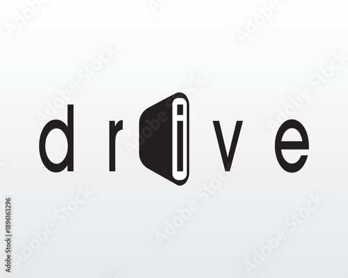 Modern drive typographic logo design element featuring a minimalist hard drive or storage device icon integrated into sleek lettering, perfect for tech and data brands.