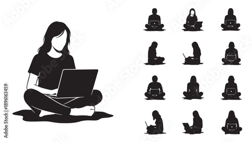 Woman sitting cross-legged on floor with laptop surrounded by silhouettes of people meditating in various poses