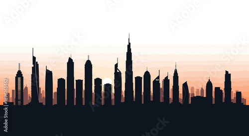 Modern city skyline at sunset with sleek skyscrapers