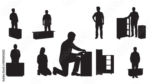 People in various poses and actions around boxes and ladders in a minimalist silhouette style from different viewpoints