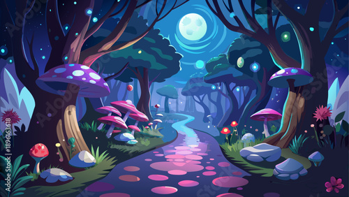 Very beautiful enchanted forest path at night beneath a bright full moon, glowing mushrooms and tiny flowers illuminating the trail while floating lights create a magical fantasy atmosphere.