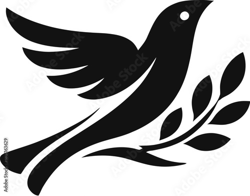 Flying Bird Silhouette with Leaf Branch Vector