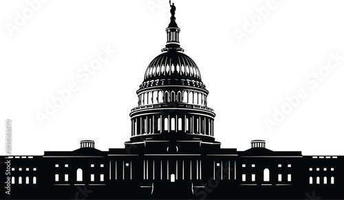 United States Capitol Silhouette – Washington D.C. Landmark Icon Featuring Dome, Columns, Classical Architecture, Government Building, Democracy Symbol, Black Vector
