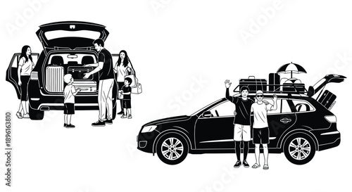 people loading luggage and golf clubs into a car