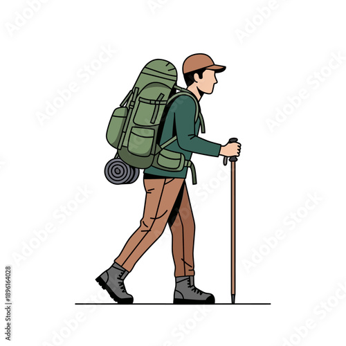 Hiker with Backpack and Trekking Pole Walking on White Background